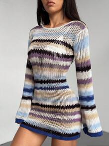 Flirla Morandi Color Blocking Boat Neck Fitted Backless Sexy Bell Sleeve Sweater Dress, Spring/Summer