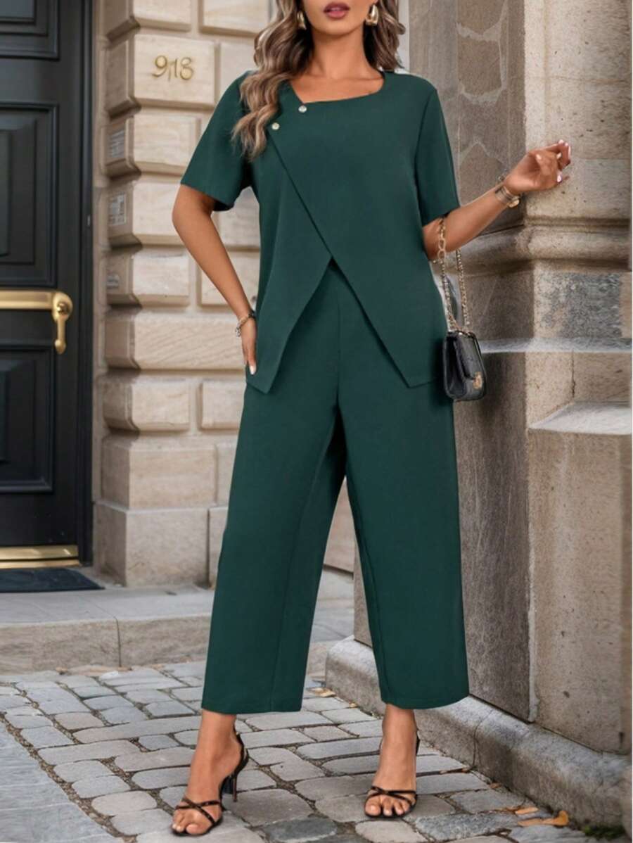 SHEIN LUNE Plus Size Elegant Solid Color Split Hem Short Sleeve Shirt Pants Set - Multicolor - View 1