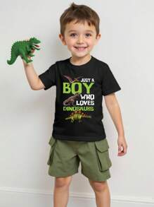 Young Boy Letter & Dinosaur Print Short Sleeve T-Shirt And Cargo Pocket Set - Black - View 1