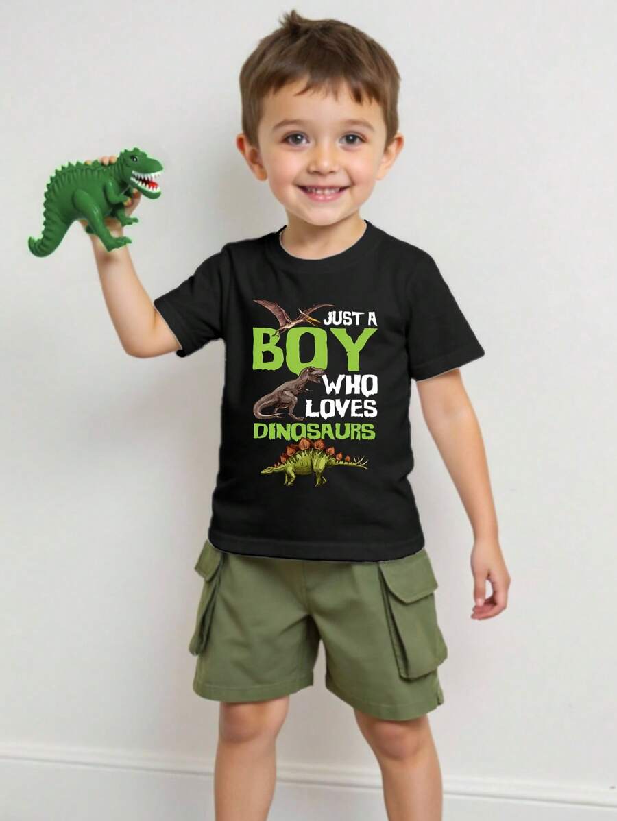 Young Boy Letter & Dinosaur Print Short Sleeve T-Shirt And Cargo Pocket Set - Black - View 1