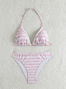 SHEIN Teen Girls Summer Beach Vacation Pink Ditsy Floral, Ruffle Trim, Bow, Rose Flower Decor Spaghetti Strap Crop Top Swimwear/Back-To-School Outfit, Cute, Holiday Family Outdoor Spring Picnic Everyday Wear, Suitable For Various Occasions - Multicolor - View 3