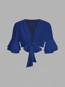 SHEIN Unity Women Front Tie Mid-Length Sleeve Simple Cropped Top, Solid Color Women Shirt - Royal Blue - View 1