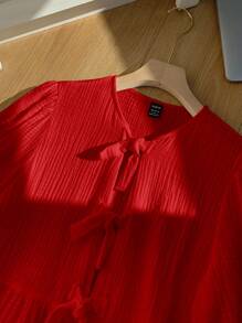 Comfortcana 亚麻雪纺圆领泡泡袖系带女式衬衫