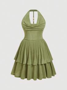 SHEIN MOD Plus Size Elegant Solid Color Draped Neck Backless Dress - Green - View 1