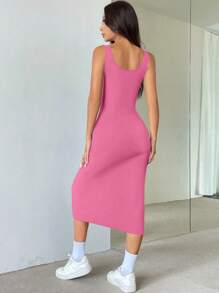 EgrlEra Button Front Square Neck Split Thigh Tank Dress Maxi Women Outfit - Pink - View 2