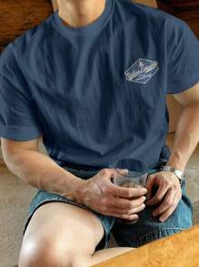 DAZY Men's Casual Letter Print Short Sleeve T-Shirt, Summer - Navy Blue - View 3