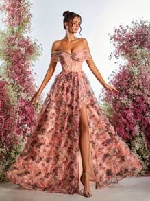 Glamrae Vestido largo de noche elegante, multicolor y romántico con estampado floral de tul, hombros descubiertos, abertura lateral alta y silueta de línea A para eventos formales, fiestas y bodas