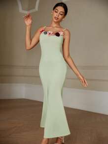 Chiquease فستان مزين بالورود الرومانسية، كنزة طويلة ضيقة مع أربطة رفيعة - أخضر - مشاهدة 6