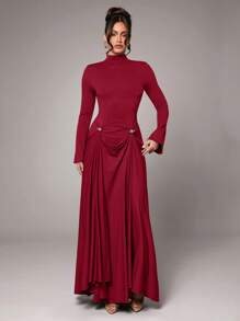 SHEIN BAE Spring Summer Solid Color Long Sleeve Minimalist Sexy Elegant Metal Decoration Dress, Suitable For Cocktail Parties, Romantic Dates, Autumn/Winter Base Layer Dress, Gatherings, Parties, Bridesmaid Dresses, Night Outings, Halloween Dresses, Christmas Dresses - Burgundy - View 5