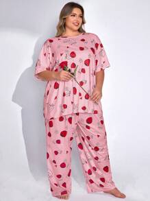 SHEIN CURVE+ 2pcs Plus Size Women Strawberry & Heart Print Round Neck T-Shirt And Pants Pajama Set, Casual Outfit For Valentine's Day - Pink - View 4