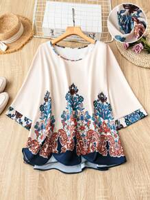 Mulvari Plus Size Casual Retro Print Shirt - Multicolor - View 1