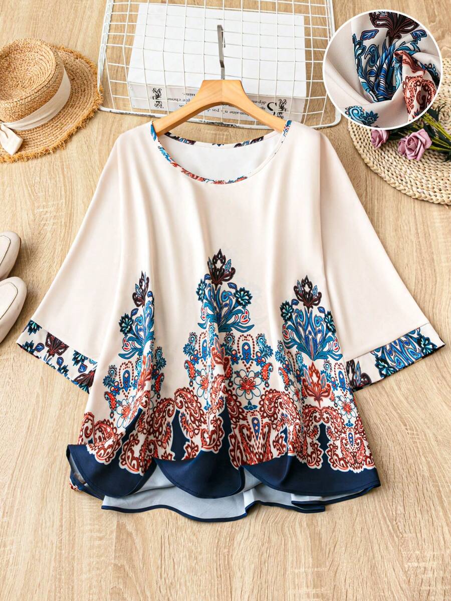 Mulvari Plus Size Casual Retro Print Shirt - Multicolor - View 1