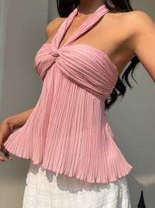 SHEIN EZwear 女士优雅纯色扭纹背心 - 粉色 - 查看 8