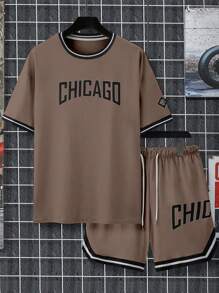 Manfinity Homme Conjunto de shorts de baloncesto y camiseta, simple y de moda, adecuado para verano, juego de 2 piezas para hombres