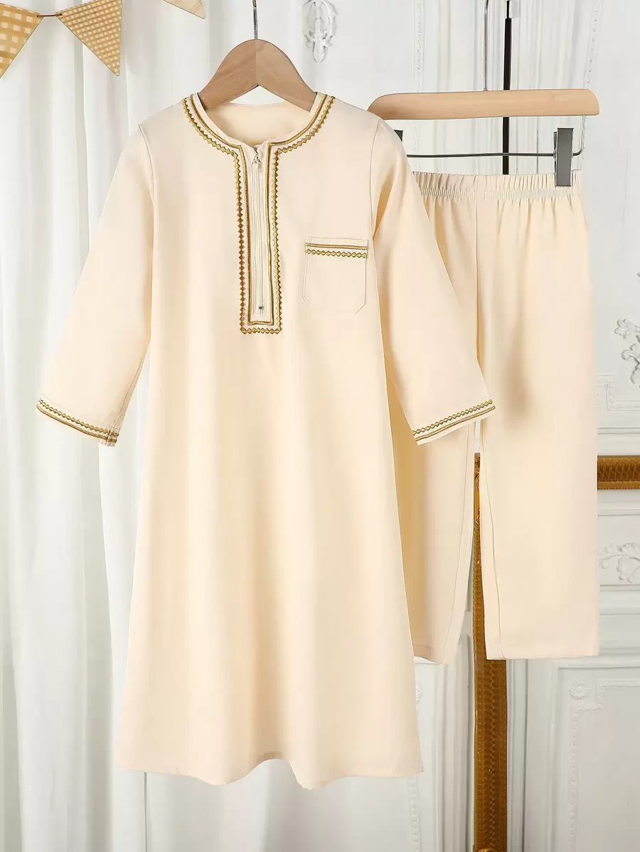2pcs/Set Young Boy Traditional Robe Attire Abaya/Thobe For Ramadan/EID/Mubarak - Apricot - View 1
