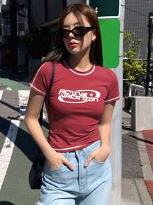 DAZY Letter Graphic Top-stitching Tee - Red - View 3