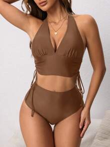 Swim Lushoire Versatile Adjustable Drawstring Women's Swimwear Set - Brown - View 3