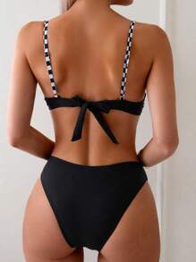 Swim Lushoire Conjuntos de biquíni com estampa floral para mulheres, moda praia, primavera - Preto e Branco - Ver 2