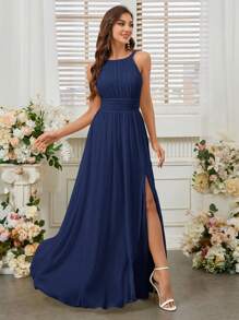SHEIN Belle Halter Neck High-Slit Bridesmaid Dress (Adult) - Navy Blue - View 7
