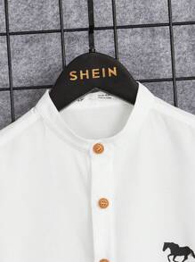 SHEIN 适合夏季的青少年男孩立领单排扣衬衫和短裤套装