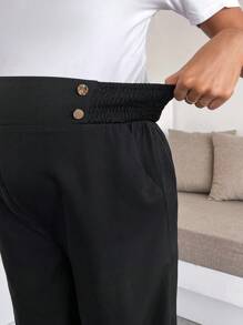 SHEIN Quần dài thời trang đơn giản màu trơn cho bà bầu, phù hợp cho mùa hè - màu đen - Xem 3