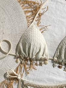 Swim Vcay 2pcs/Set Elegant Women's Knitted Bikini Set For Party, Beach, With Metallic Chain And Shell Texture, No Steel Rings, Summer - White - View 4