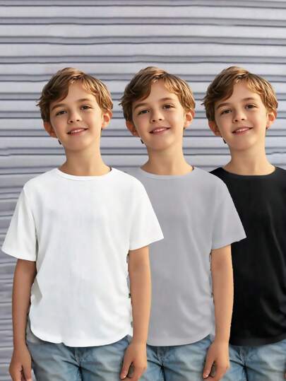 SHEIN Leap Crew 3入組寬鬆舒適純色圓領短袖t恤,適用於少年男孩