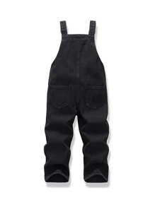 Young Boy Fashionable Casual Versatile Cute Graphic Bear & Letter Embroidered Denim Bib Overalls And Distressed Washed Denim Suspender Pants