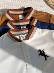 SHEIN 3件装男童撞色肩条纹印花Polo衫，适合度假、郊游和上学穿着 - 彩色 - 查看 5