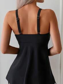 SHEIN Swim 2pcs Solid Color Spaghetti Strap Top With Flared Skirt And Pleated Pants, Stylish Minimalist Swimwear Bikini Set For Summer Beach Vacation - Black - View 3