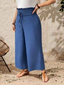 EMERY ROSE Pantalones de pierna ancha con textura de punto y cinturilla alta con nudo para mujeres de talla grande - Azul - Ver 6