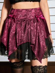 ROMWE J-Fashion Váy ren bất đối xứng trang trí nơ cho nữ - Màu Đỏ Sâu - Xem 6