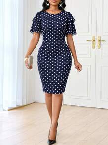 Fleurora 四季婚礼宾客/派对/服装黑色优雅春夏几何圆点印花双层荷叶边袖连衣裙 - 藏蓝色 - 查看 3