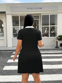 Muchica Plus Size Women Colorblock Lapel Short Sleeve Casual Dress,Graduation Dress - Black - View 2
