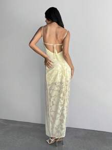 Aloruh Robe longue dos nu à fleurs en dentelle avec col drapé, jaune clair, pour femme. Convient pour les mariages, les vacances et les sorties. Style printemps et été. - Jaune citron - Voir 1
