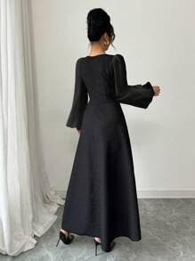Modelyn Vestido ajustado de línea A con manga larga, efecto patchwork y jacquard para mujer - Negro - Ver 2