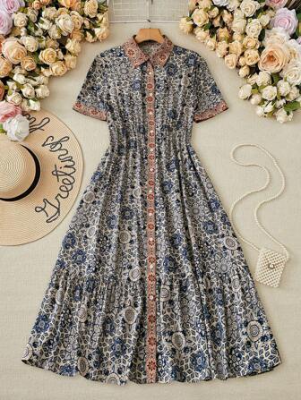 Mulvari Vestido casual árabe de mujer con estampado floral, manga corta, abotonadura sencilla y volante en el bajo