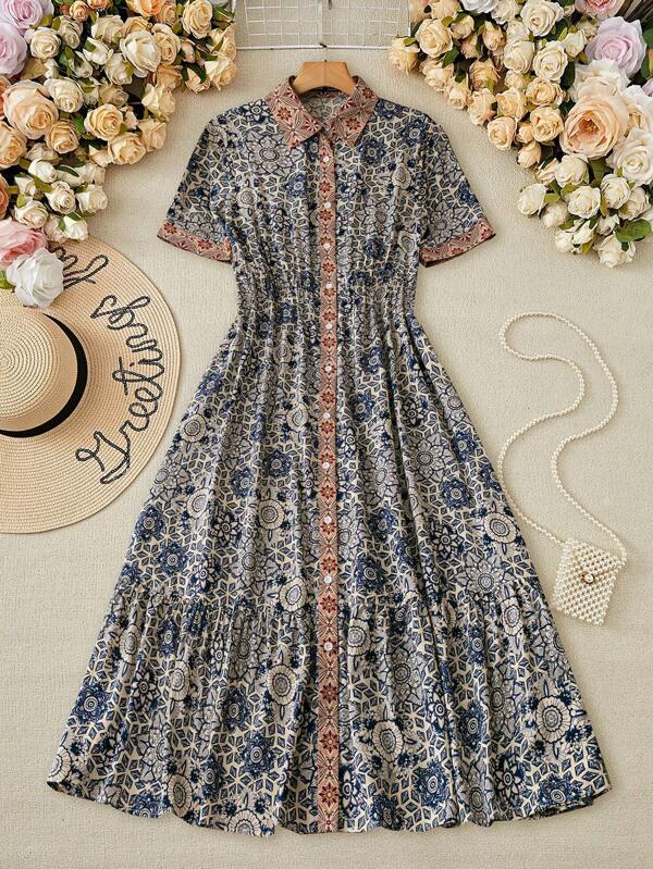 Mulvari Women's Floral Print Short Sleeve Single-Breasted Ruffle Hem Casual Arabic Dress