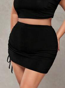 SHEIN ICON Plus Size Black Asymmetrical Hem Pleated Drawstring Waist Net Mesh Skirt - Black - View 6