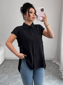 Elenzga 女式不对称下摆斗篷设计衬衫，2025 年新品系列 - 黑色 - 查看 2