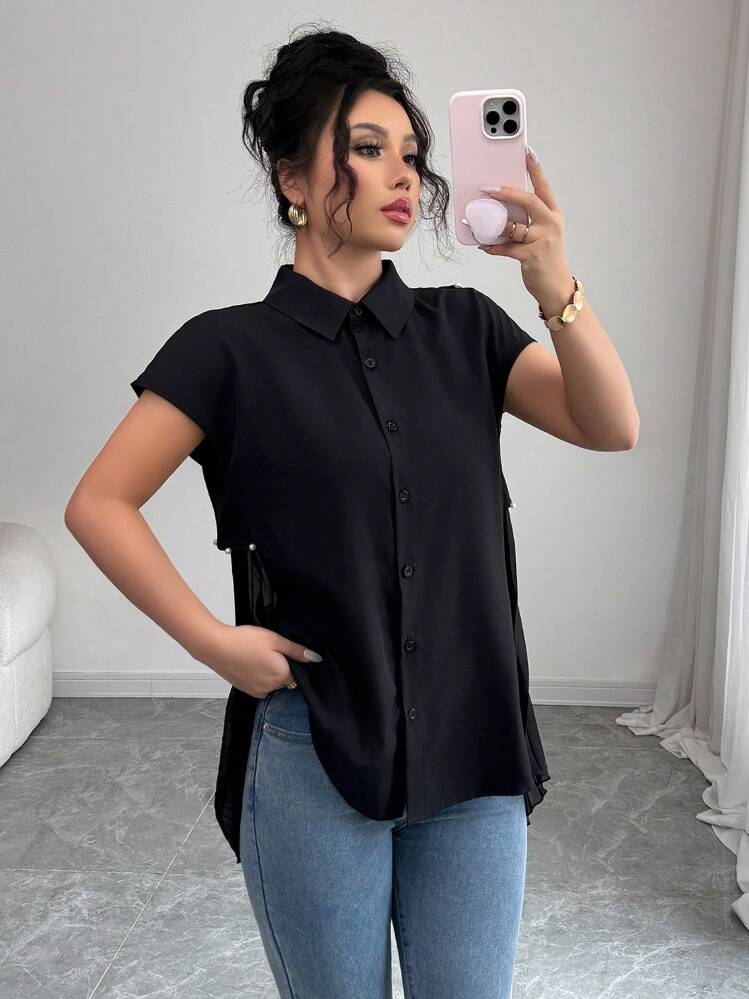 Elenzga Women's Asymmetrical Hem Cape Design Blouse, 2025 New Collection - Black - View 2