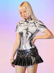 FeverCity 男女同款街头风机械印花针织插肩袖短款圆领修身短款 T 恤，时尚，夏季 - 彩色 - 查看 3