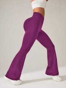 Easithlete Women's Solid Color Asymmetric Waistline Daily Fitness Flare Workout Pants - Purple - View 3