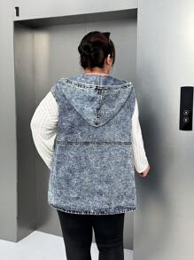 SHEIN EZwear Chaleco de mezclilla holgado con bolsillo grande y capucha con cordón, adecuado para uso diario