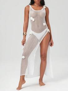 Vestido de praia longo sem mangas com estampa floral de crochê feito à mão feminino com fenda lateral alta, férias de verão - Branco - Ver 1