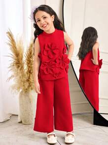 SHEIN 2 件套少女套装：优雅立领花卉贴花上衣和裤子 - 紅色 - 查看 5