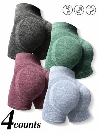 4 pièces Shorts de sport élastiques haute performance marbrés Scrunch Butt Legging Shorts Stretchy Shorts