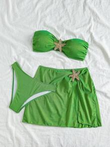 Soleia Swim Suits For Women,Summer Outfits For Women,Bikini Set,Beachwear,Vacation Outfits Woman,Beach Outfits For Woman,Women's Fashion Holiday Summer Moss Green Gold And Silver Knitted Tube Top Mini High Slit Skirt Beach Bikini Three-Piece Set,Decorated With Metallic Starfish Accessories