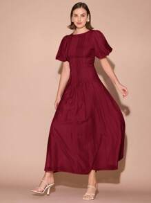 Enchnt Women's Solid Color Round Neck Short Petal Sleeve Pleated Design Elegant Dress - Burgundy - View 5