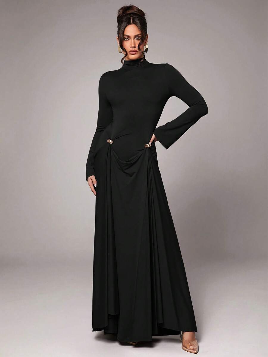 Silquee Đầm dài tay màu trơn thanh lịch gợi cảm màu nâu/cà phê có trang trí kim loại, thích hợp cho tiệc cocktail, hẹn hò lãng mạn, mặc nhiều lớp vào mùa thu/đông, tiệc tùng, đám cưới, Halloween, Giáng sinh - màu đen - Xem 1